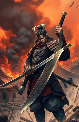 A heroic warrior named Tatsuo stands majestically in the foreground, gripping a gleaming sword with intricate designs