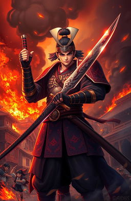 A heroic warrior named Tatsuo stands majestically in the foreground, gripping a gleaming sword with intricate designs