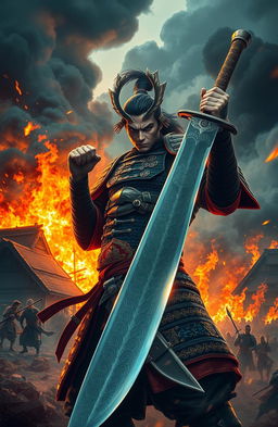 A heroic warrior named Tatsuo stands majestically in the foreground, gripping a gleaming sword with intricate designs