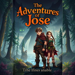 A captivating book cover design for 'The Adventures of Jose,' featuring an older Jose, a young man in his late teens, along with his brave friend standing in a mystical fantasy landscape