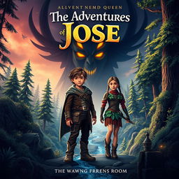 A captivating book cover design for 'The Adventures of Jose,' featuring an older Jose, a young man in his late teens, along with his brave friend standing in a mystical fantasy landscape