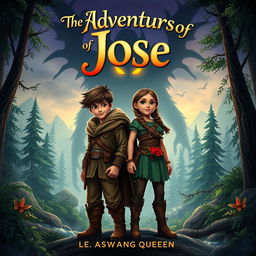 A captivating book cover design for 'The Adventures of Jose,' featuring an older Jose, a young man in his late teens, along with his brave friend standing in a mystical fantasy landscape