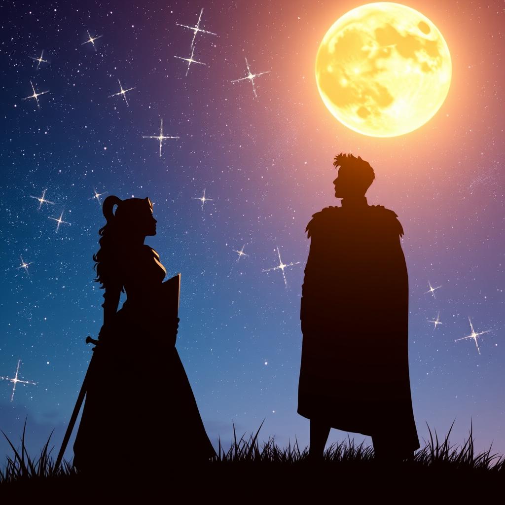 A fading silhouette of a female knight in armor, her sword subtly depicted at her side, standing gracefully next to a silhouette of a Prince clad in a regal outfit