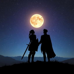 A fading silhouette of a female knight in armor, her sword subtly depicted at her side, standing gracefully next to a silhouette of a Prince clad in a regal outfit