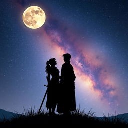 A fading silhouette of a female knight in armor, her sword subtly depicted at her side, standing gracefully next to a silhouette of a Prince clad in a regal outfit