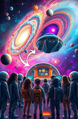 An educational scene set in a vibrant galaxy, filled with colorful planets and stars