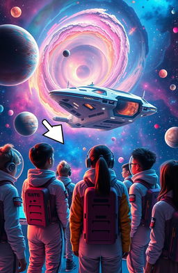An educational scene set in a vibrant galaxy, filled with colorful planets and stars