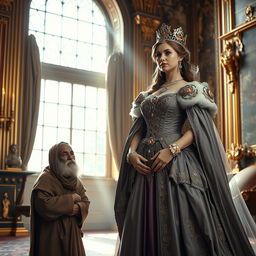 A proud princess in an opulent royal gown, adorned with jewels and a tiara, standing in a lavish palace decorated with gold accents and intricate tapestries