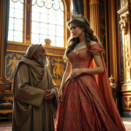 A proud princess in an opulent royal gown, adorned with jewels and a tiara, standing in a lavish palace decorated with gold accents and intricate tapestries