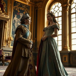 A proud princess in an opulent royal gown, adorned with jewels and a tiara, standing in a lavish palace decorated with gold accents and intricate tapestries
