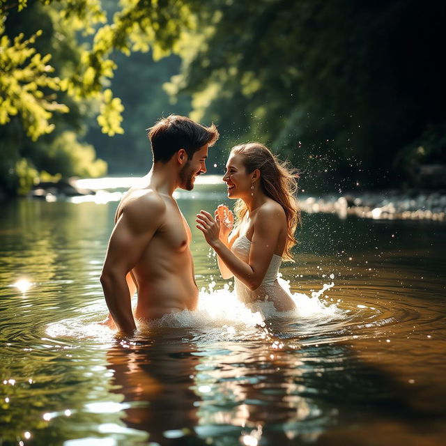 A romantic scene depicting a couple bathing nude beside a serene river, surrounded by lush greenery and soft sunlight filtering through the trees