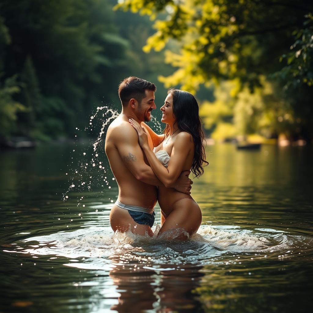 A romantic scene depicting a couple bathing nude beside a serene river, surrounded by lush greenery and soft sunlight filtering through the trees