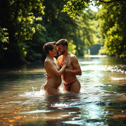 A romantic scene depicting a couple bathing nude beside a serene river, surrounded by lush greenery and soft sunlight filtering through the trees