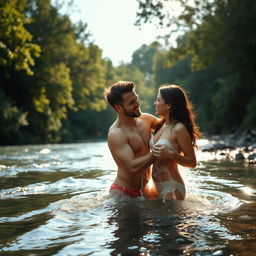 A romantic scene depicting a couple bathing nude beside a serene river, surrounded by lush greenery and soft sunlight filtering through the trees