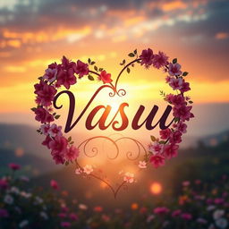 A romantic scene featuring the names 'Vasu' and 'Vasuki' artistically intertwined in a heart shape, surrounded by vibrant flowers and soft glowing lights
