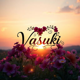 A romantic scene featuring the names 'Vasu' and 'Vasuki' artistically intertwined in a heart shape, surrounded by vibrant flowers and soft glowing lights