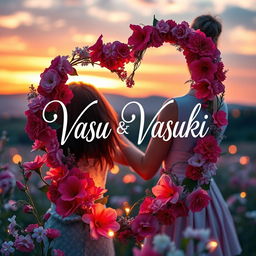 A romantic scene featuring the names 'Vasu' and 'Vasuki' artistically intertwined in a heart shape, surrounded by vibrant flowers and soft glowing lights