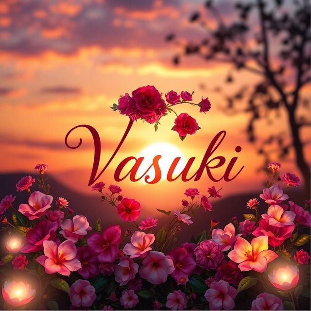 A romantic scene featuring the names 'Vasu' and 'Vasuki' artistically intertwined in a heart shape, surrounded by vibrant flowers and soft glowing lights