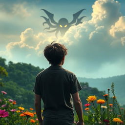 A serene and captivating scene featuring an older Jose, a young man in his late teens with tousled hair, standing in a beautiful natural setting, his back facing the viewer as he gazes at the lush landscape around him
