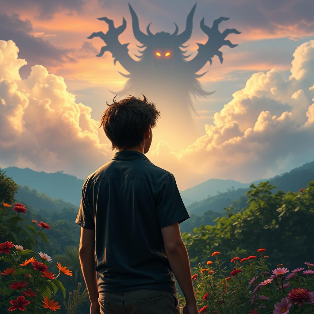 A serene and captivating scene featuring an older Jose, a young man in his late teens with tousled hair, standing in a beautiful natural setting, his back facing the viewer as he gazes at the lush landscape around him