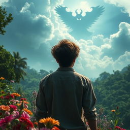 A serene and captivating scene featuring an older Jose, a young man in his late teens with tousled hair, standing in a beautiful natural setting, his back facing the viewer as he gazes at the lush landscape around him