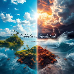 A breathtaking depiction of mirrored parallel worlds: on one side, a serene landscape featuring flourishing nature, calm waters, and a bright blue sky filled with soft white clouds; the other side showcasing a chaotic scene filled with swirling storms, lightning strikes, and turbulent waters