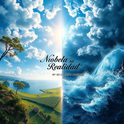 A breathtaking depiction of mirrored parallel worlds: on one side, a serene landscape featuring flourishing nature, calm waters, and a bright blue sky filled with soft white clouds; the other side showcasing a chaotic scene filled with swirling storms, lightning strikes, and turbulent waters