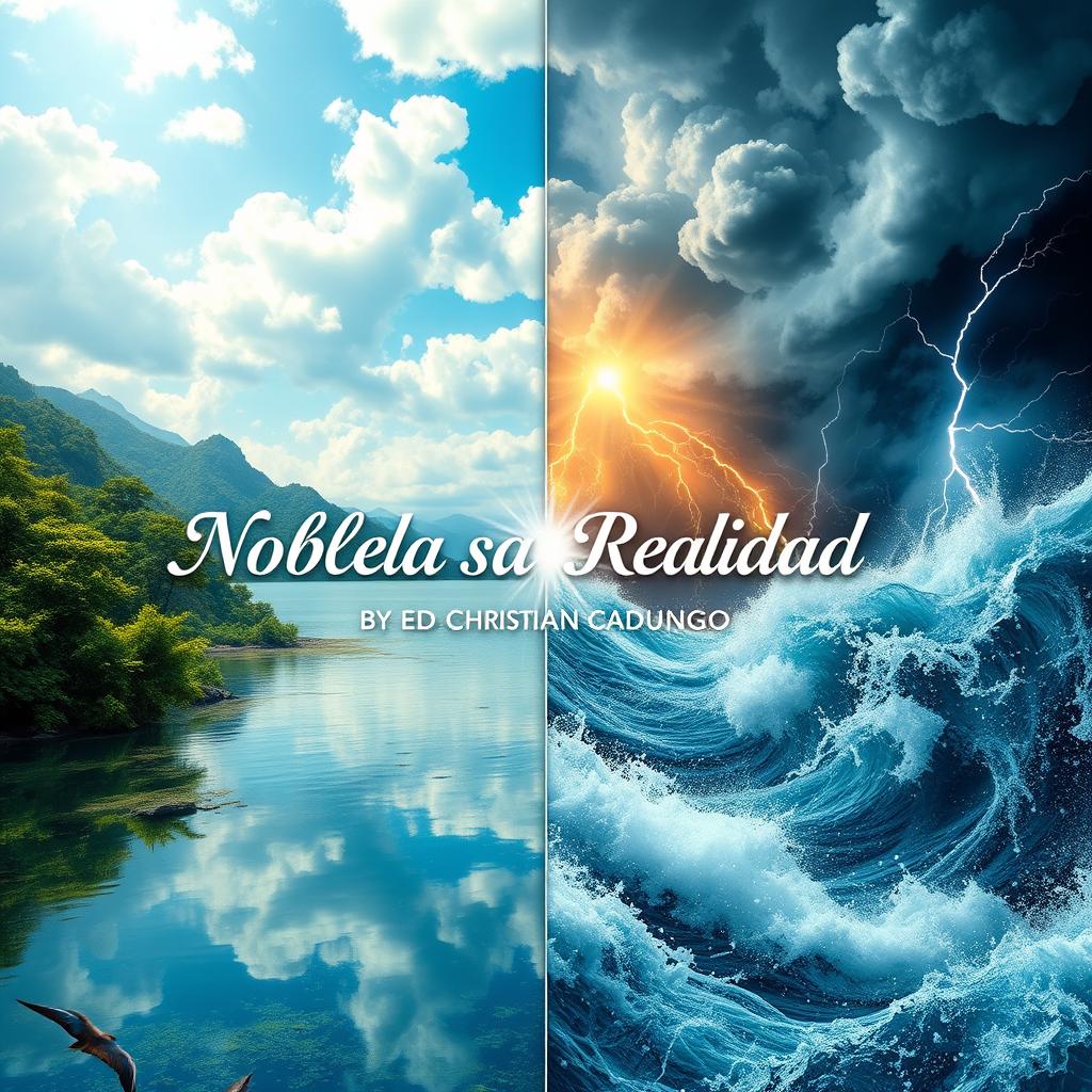 A breathtaking depiction of mirrored parallel worlds: on one side, a serene landscape featuring flourishing nature, calm waters, and a bright blue sky filled with soft white clouds; the other side showcasing a chaotic scene filled with swirling storms, lightning strikes, and turbulent waters