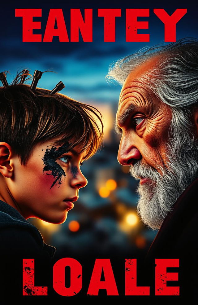 A captivating retro-style poster featuring a dramatic face-off between a thirteen-year-old boy with a half-burnt face and an old man