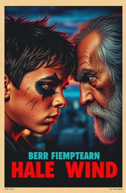 A captivating retro-style poster featuring a dramatic face-off between a thirteen-year-old boy with a half-burnt face and an old man