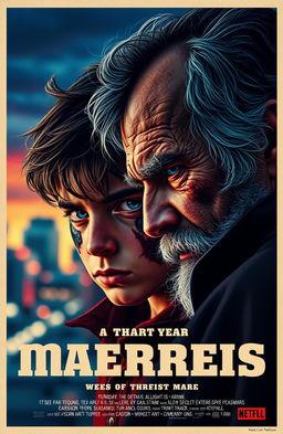 A captivating retro-style poster featuring a dramatic face-off between a thirteen-year-old boy with a half-burnt face and an old man