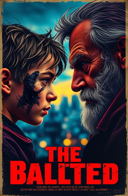 A captivating retro-style poster featuring a dramatic face-off between a thirteen-year-old boy with a half-burnt face and an old man