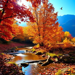 A serene autumn landscape featuring a vibrant display of red, orange, and yellow foliage in a forest