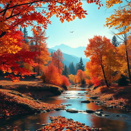 A serene autumn landscape featuring a vibrant display of red, orange, and yellow foliage in a forest