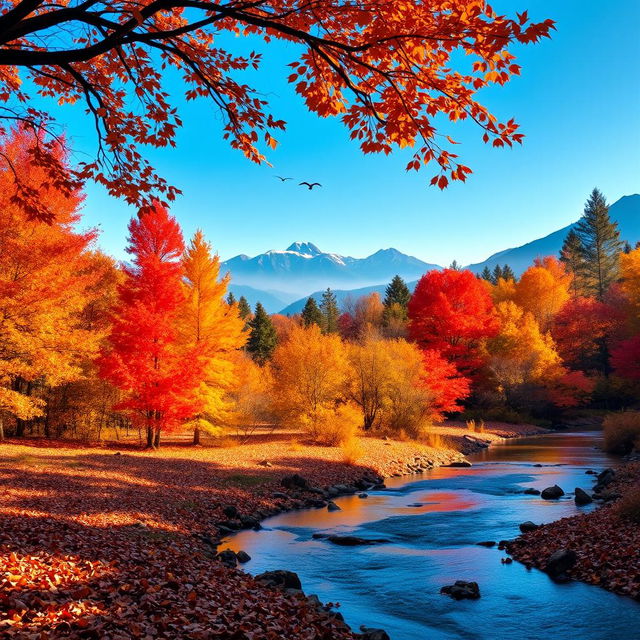 A serene autumn landscape featuring a vibrant display of red, orange, and yellow foliage in a forest