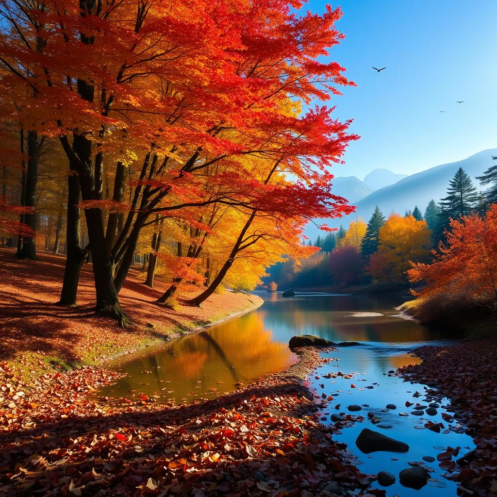 A serene autumn landscape featuring a vibrant display of red, orange, and yellow foliage in a forest