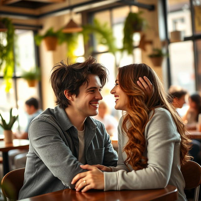 A romantic scene featuring a couple playfully touching each other's hair, showcasing their affection