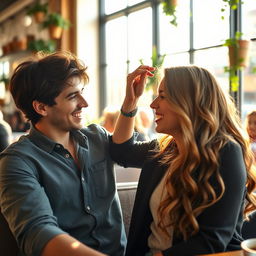 A romantic scene featuring a couple playfully touching each other's hair, showcasing their affection
