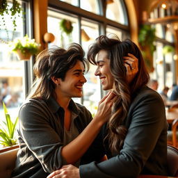 A romantic scene featuring a couple playfully touching each other's hair, showcasing their affection