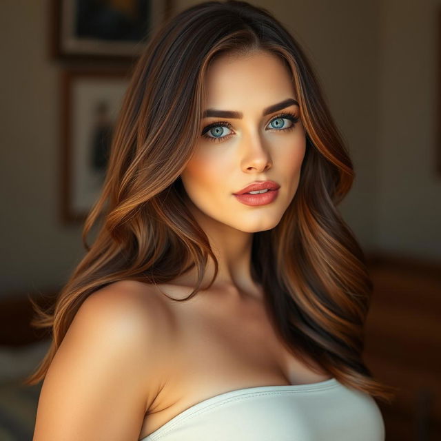 A full-length portrait of a stunning woman with chestnut brown hair that softly waves around her face