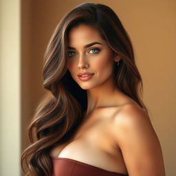 A full-length portrait of a stunning woman with chestnut brown hair that softly waves around her face