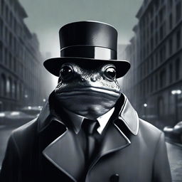 A high-quality, noir-style digital art image featuring a frog