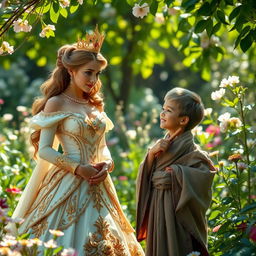 A whimsical scene featuring a proud princess adorned in a stunning, intricately designed gown with golden embellishments, standing confidently in a lush garden filled with blooming flowers
