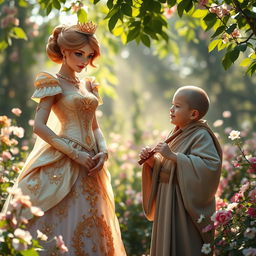 A whimsical scene featuring a proud princess adorned in a stunning, intricately designed gown with golden embellishments, standing confidently in a lush garden filled with blooming flowers