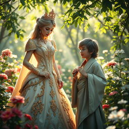 A whimsical scene featuring a proud princess adorned in a stunning, intricately designed gown with golden embellishments, standing confidently in a lush garden filled with blooming flowers