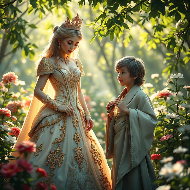 A whimsical scene featuring a proud princess adorned in a stunning, intricately designed gown with golden embellishments, standing confidently in a lush garden filled with blooming flowers