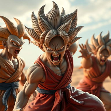 An ultra-realistic figurine of enraged Dragon Ball male characters, capturing the essence of fury