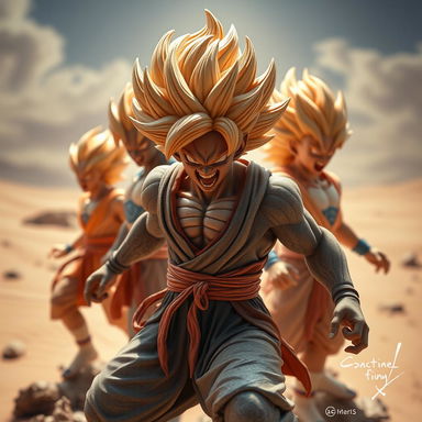 An ultra-realistic figurine of enraged Dragon Ball male characters, capturing the essence of fury