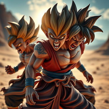 An ultra-realistic figurine of enraged Dragon Ball male characters, capturing the essence of fury