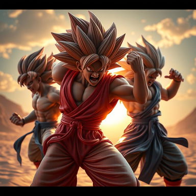 An ultra-realistic figurine of enraged Dragon Ball male characters, capturing the essence of fury